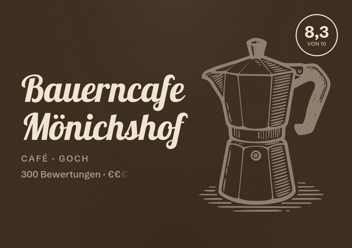 Illustriertes Poster von Bauerncafe Mönichshof, Café in Goch: Bewertung 8,3 von 10 aus 300 Bewertungen, Preisniveau €€