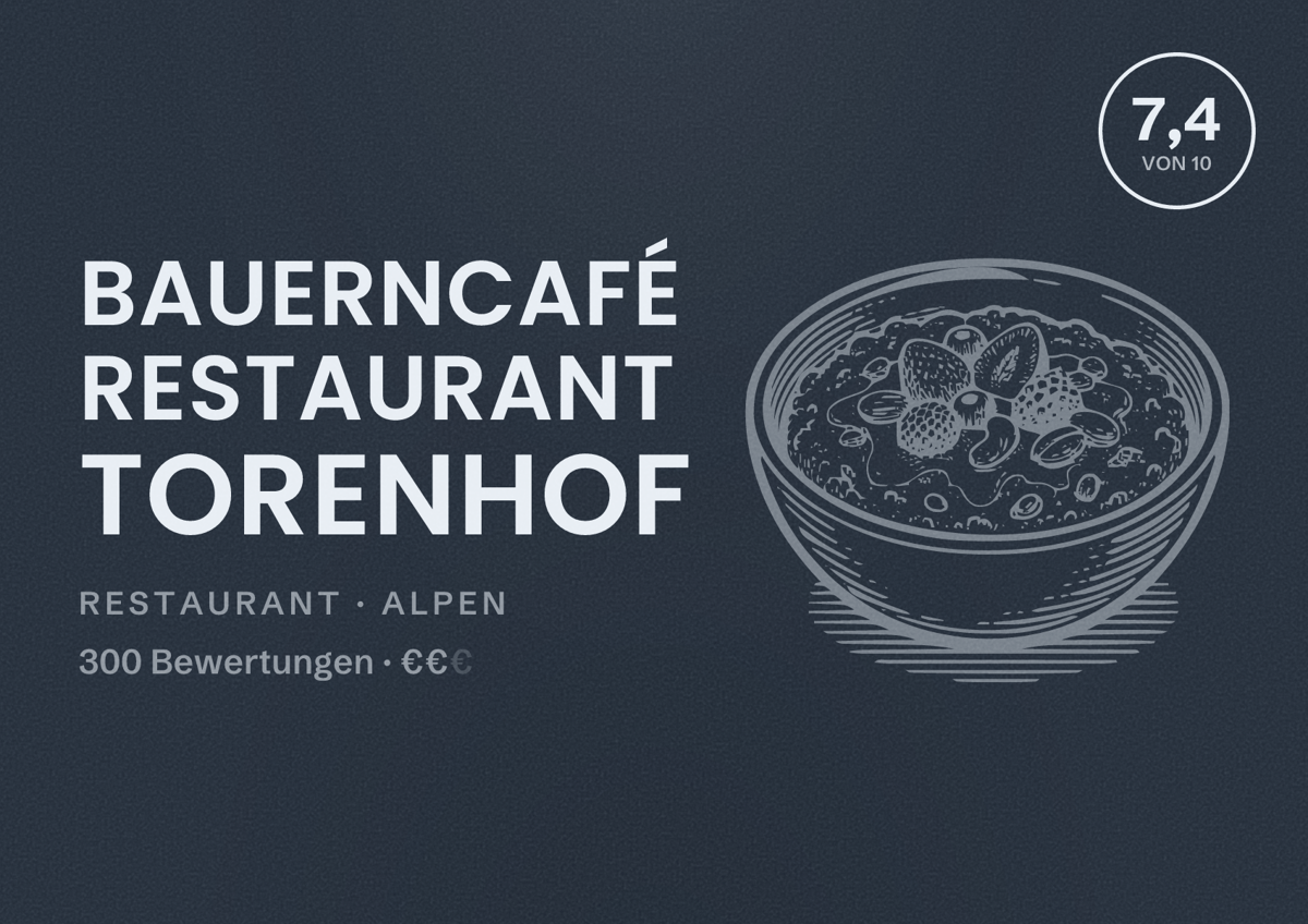 Illustriertes Poster von Bauerncafé Restaurant Torenhof, Restaurant in Alpen: Bewertung 7,4 von 10 aus 300 Bewertungen, Preisniveau €€