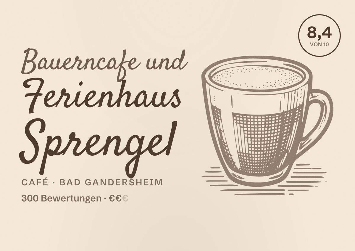 Illustriertes Poster von Bauerncafe und Ferienhaus Sprengel, Café in Bad Gandersheim: Bewertung 8,4 von 10 aus 300 Bewertungen, Preisniveau €€