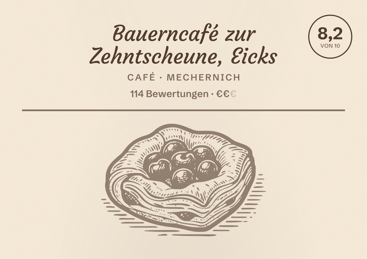 Illustriertes Poster von Bauerncafé zur Zehntscheune, Eicks, Café in Mechernich: Bewertung 8,2 von 10 aus 114 Bewertungen, Preisniveau €€