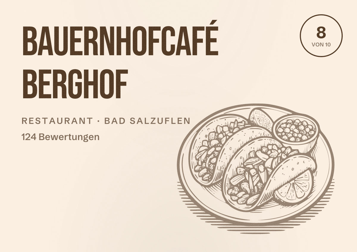Illustriertes Poster von Bauernhofcafé Berghof, Restaurant in Bad Salzuflen: Bewertung 8 von 10 aus 124 Bewertungen