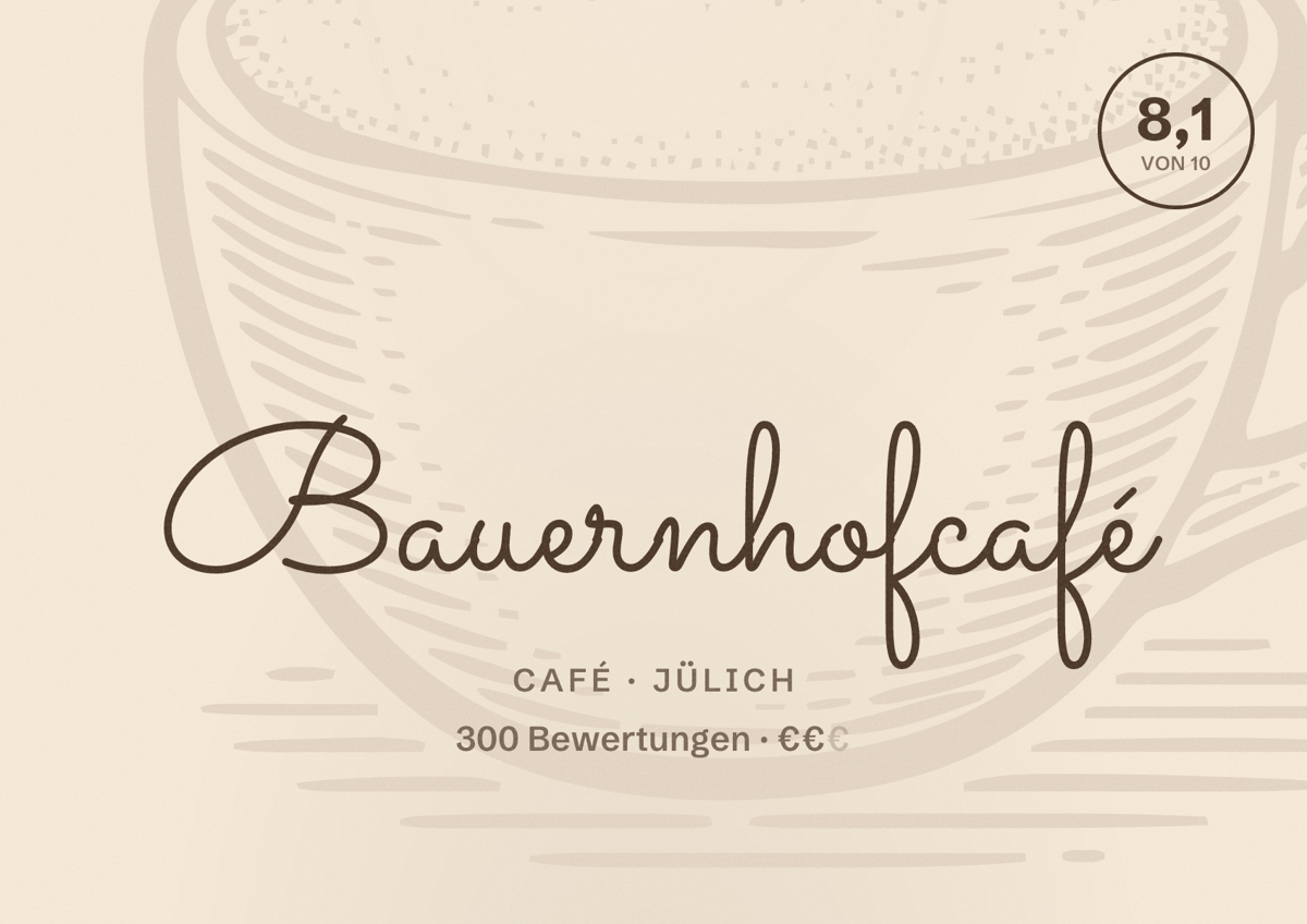 Illustriertes Poster von Bauernhofcafé, Café in Jülich: Bewertung 8,1 von 10 aus 300 Bewertungen, Preisniveau €€