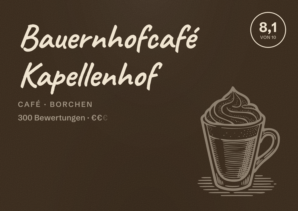 Illustriertes Poster von Bauernhofcafé Kapellenhof, Café in Borchen: Bewertung 8,1 von 10 aus 300 Bewertungen, Preisniveau €€