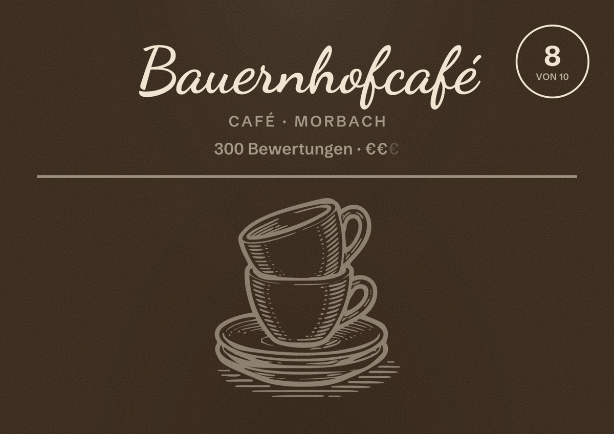 Illustriertes Poster von Bauernhofcafé, Café in Morbach: Bewertung 8 von 10 aus 300 Bewertungen, Preisniveau €€