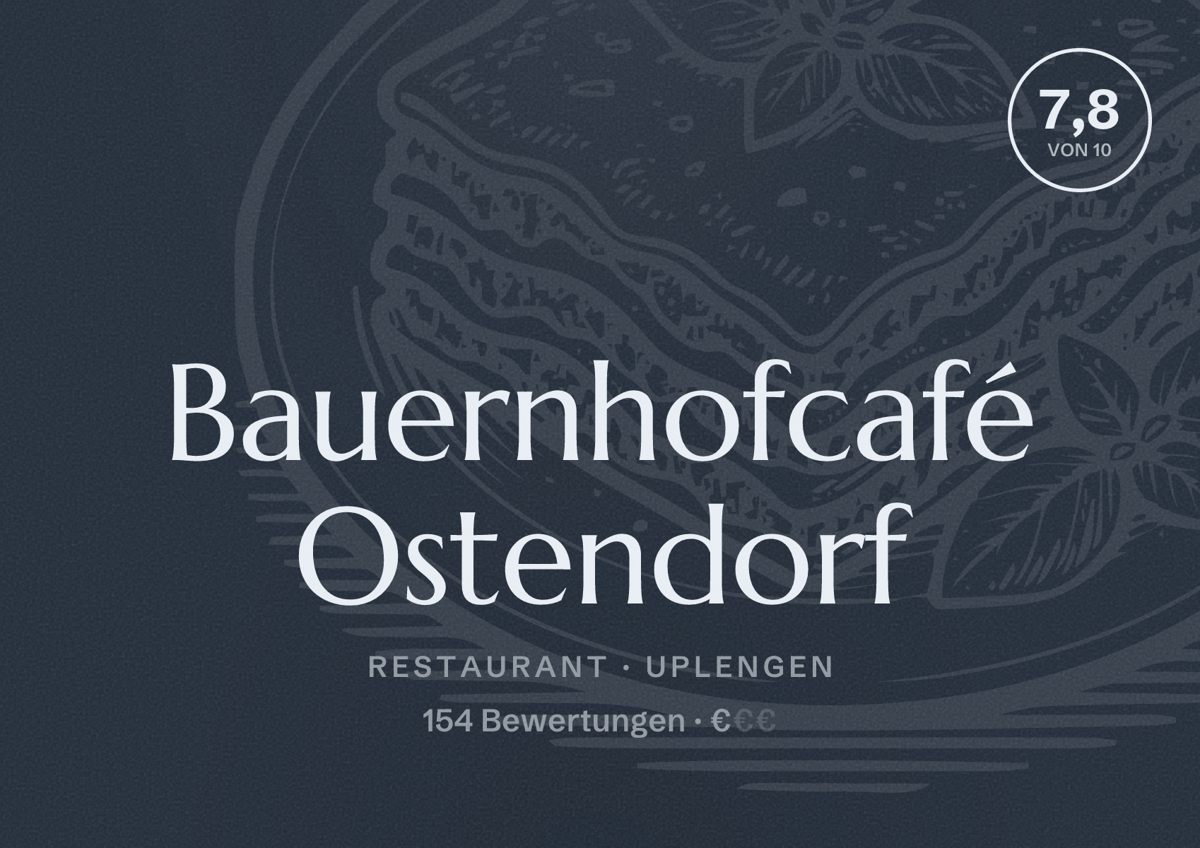 Illustriertes Poster von Bauernhofcafé Ostendorf, Restaurant in Uplengen: Bewertung 7,8 von 10 aus 154 Bewertungen, Preisniveau €