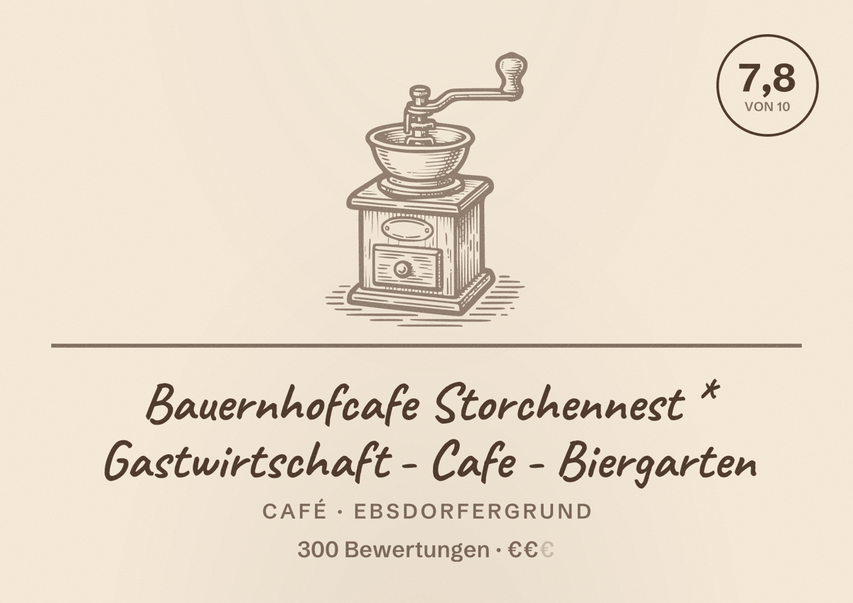 Illustriertes Poster von Bauernhofcafe Storchennest * Gastwirtschaft - Cafe - Biergarten, Café in Ebsdorfergrund: Bewertung 7,8 von 10 aus 300 Bewertungen, Preisniveau €€