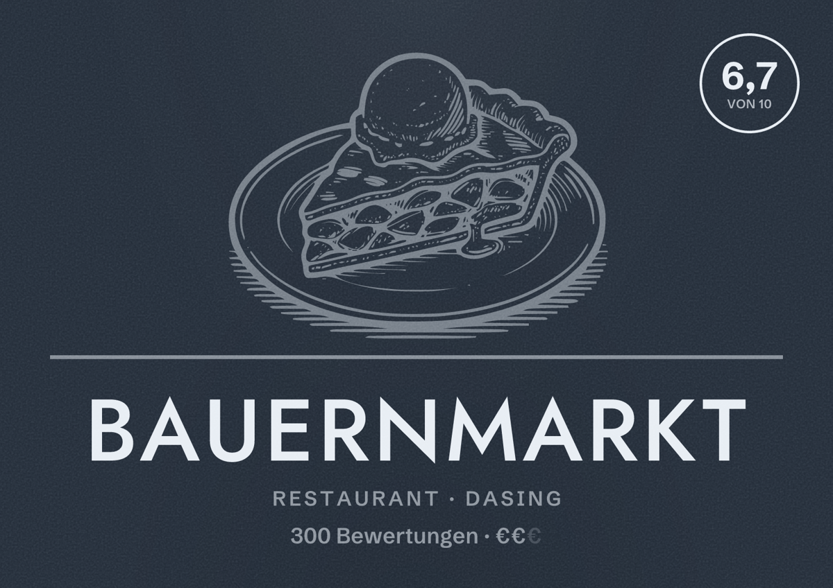 Illustriertes Poster von Bauernmarkt, Restaurant in Dasing: Bewertung 6,7 von 10 aus 300 Bewertungen, Preisniveau €€