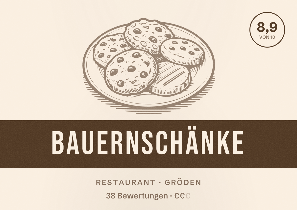 Illustriertes Poster von Bauernschänke, Restaurant in Gröden: Bewertung 8,9 von 10 aus 38 Bewertungen, Preisniveau €€