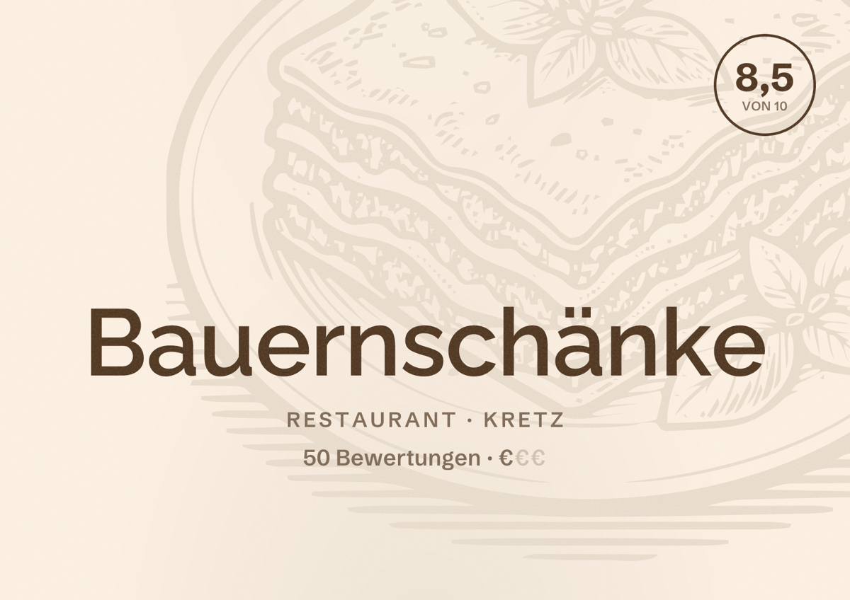 Illustriertes Poster von Bauernschänke, Restaurant in Kretz: Bewertung 8,5 von 10 aus 50 Bewertungen, Preisniveau €