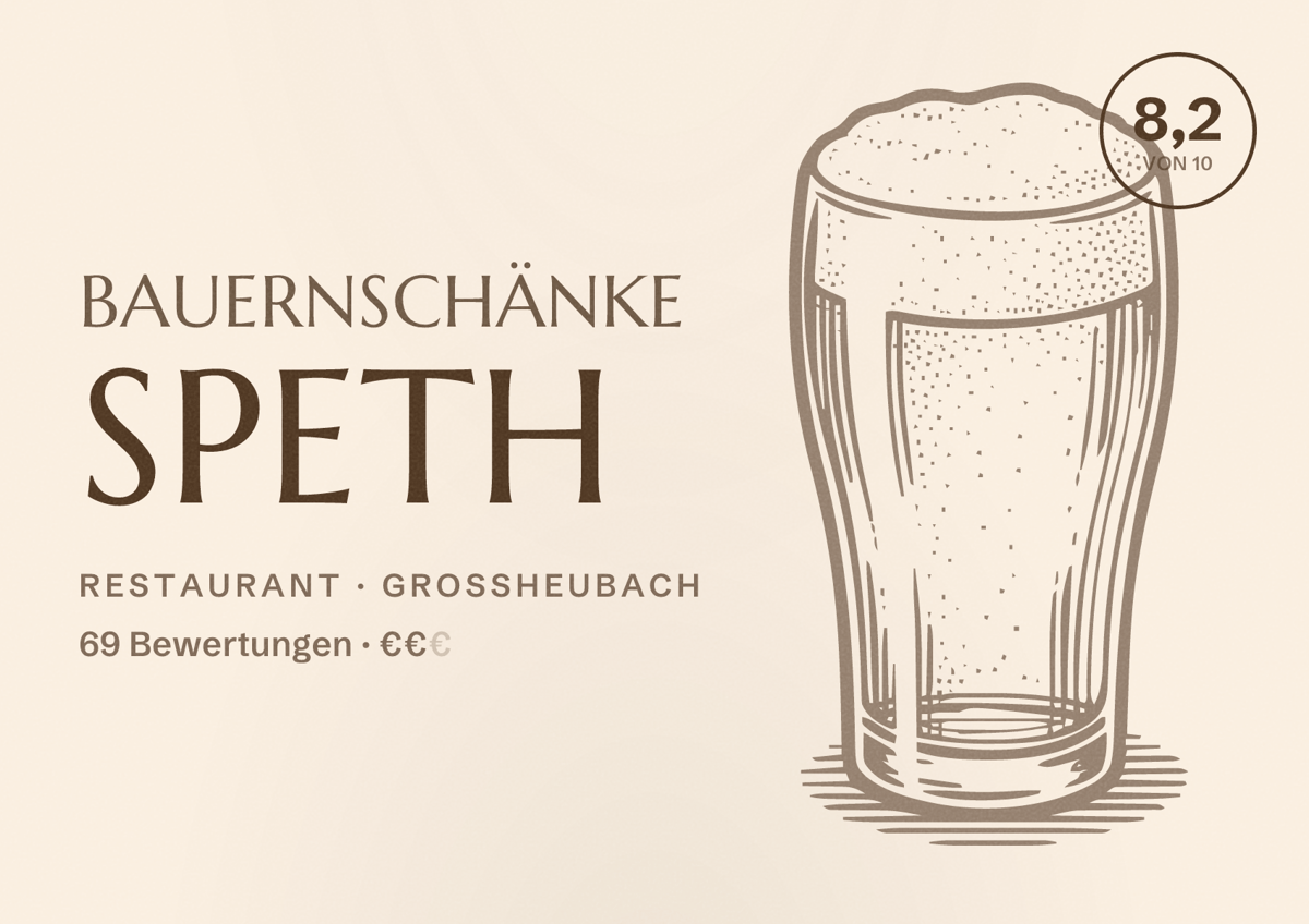 Illustriertes Poster von Bauernschänke Speth, Restaurant in Großheubach: Bewertung 8,2 von 10 aus 69 Bewertungen, Preisniveau €€