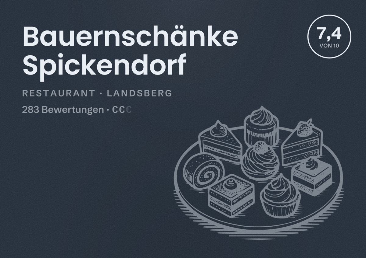 Illustriertes Poster von Bauernschänke Spickendorf, Restaurant in Landsberg: Bewertung 7,4 von 10 aus 283 Bewertungen, Preisniveau €€
