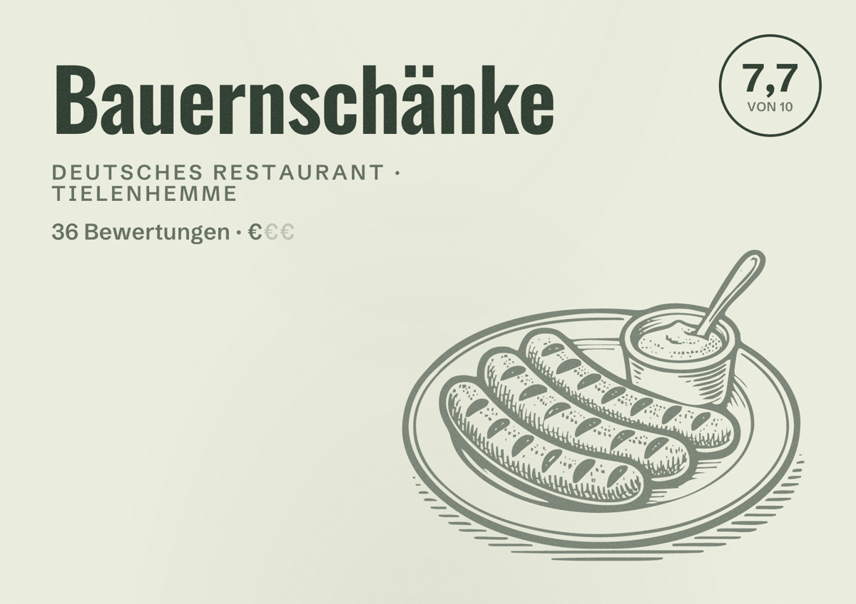 Illustriertes Poster von Bauernschänke, Deutsches Restaurant in Tielenhemme: Bewertung 7,7 von 10 aus 36 Bewertungen, Preisniveau €