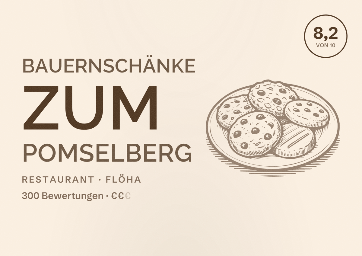 Illustriertes Poster von Bauernschänke zum Pomselberg, Restaurant in Flöha: Bewertung 8,2 von 10 aus 300 Bewertungen, Preisniveau €€