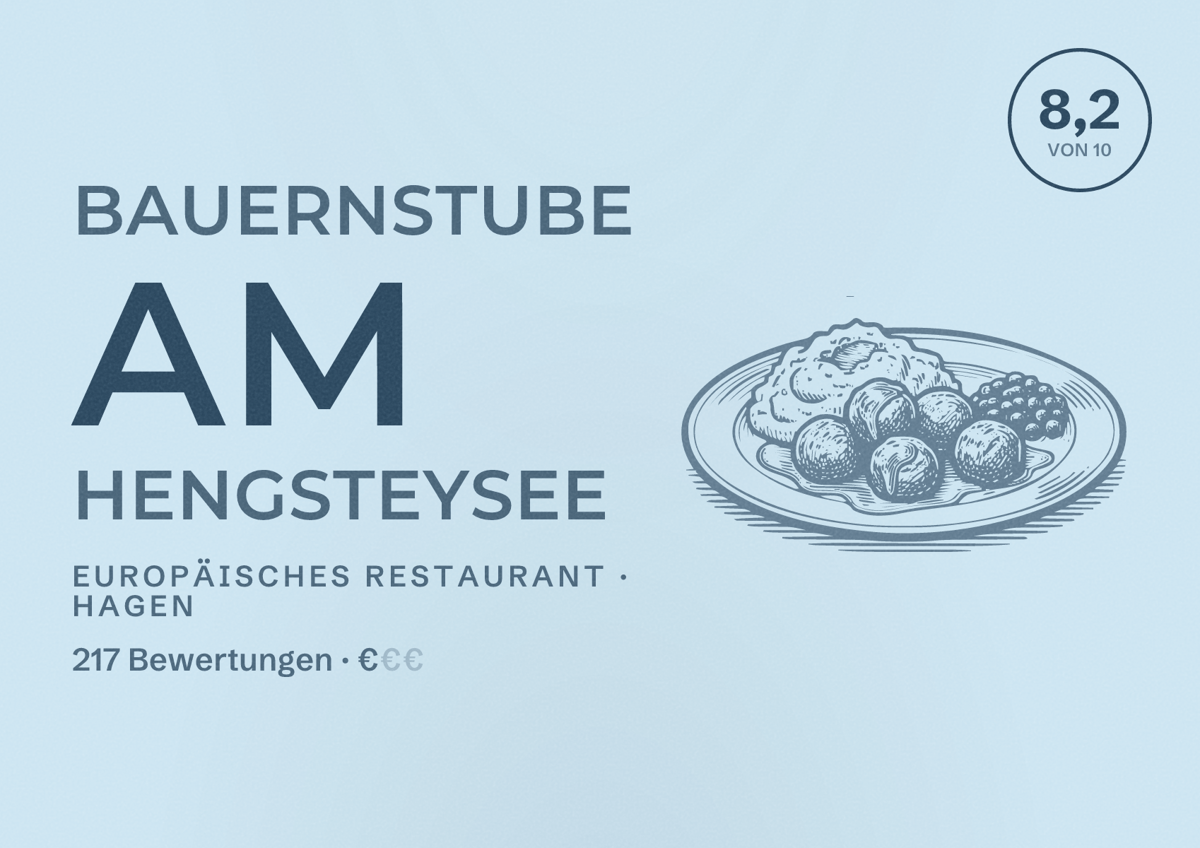 Illustriertes Poster von Bauernstube am Hengsteysee, Europäisches Restaurant in Hagen: Bewertung 8,2 von 10 aus 217 Bewertungen, Preisniveau €