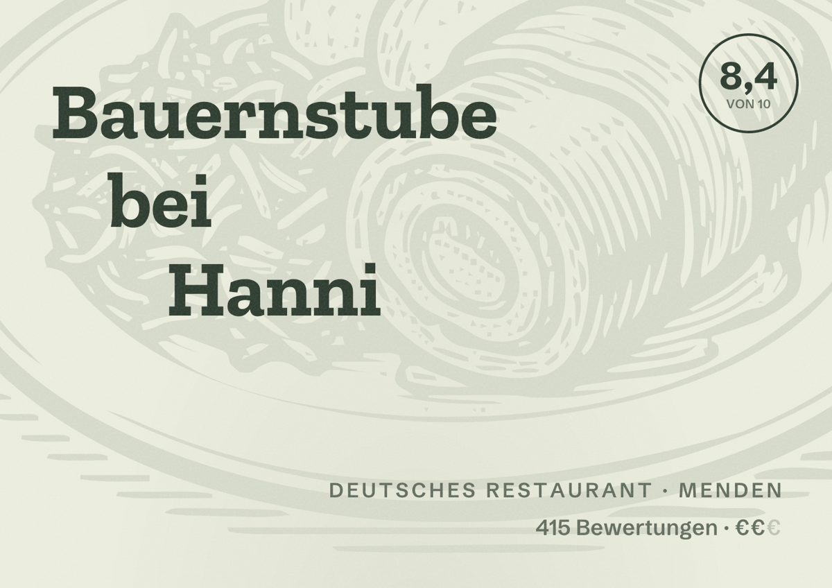 Illustriertes Poster von Bauernstube bei Hanni, Deutsches Restaurant in Menden: Bewertung 8,4 von 10 aus 415 Bewertungen, Preisniveau €€