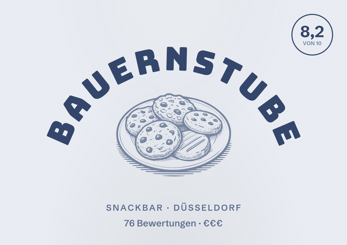 Illustriertes Poster von Bauernstube, Snackbar in Düsseldorf: Bewertung 8,2 von 10 aus 76 Bewertungen, Preisniveau €€€