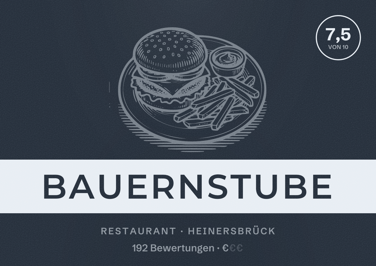Illustriertes Poster von Bauernstube, Restaurant in Heinersbrück: Bewertung 7,5 von 10 aus 192 Bewertungen, Preisniveau €