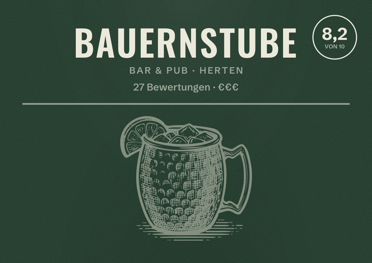 Illustriertes Poster von Bauernstube, Bar & Pub in Herten: Bewertung 8,2 von 10 aus 27 Bewertungen, Preisniveau €€€