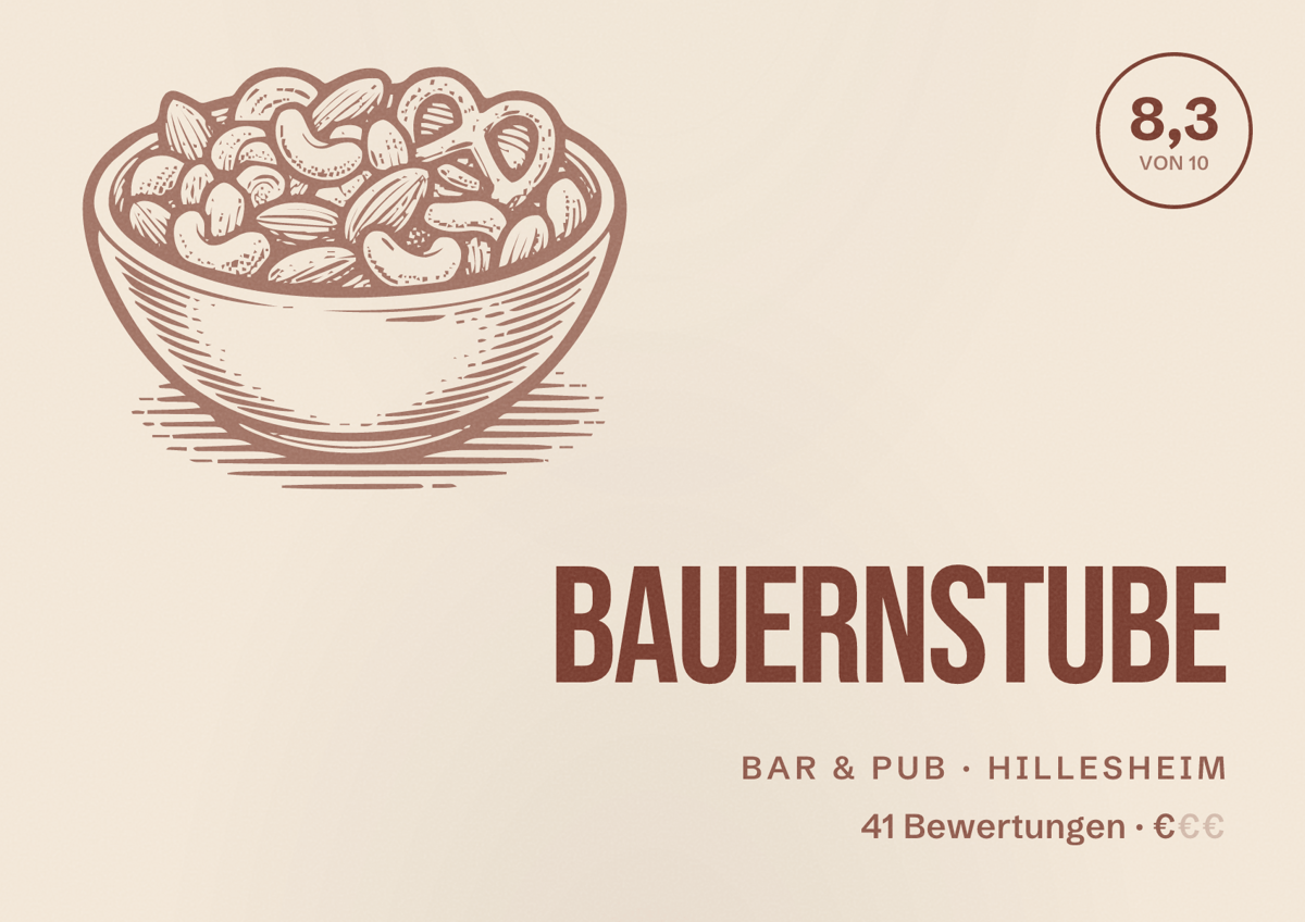 Illustriertes Poster von Bauernstube, Bar & Pub in Hillesheim: Bewertung 8,3 von 10 aus 41 Bewertungen, Preisniveau €