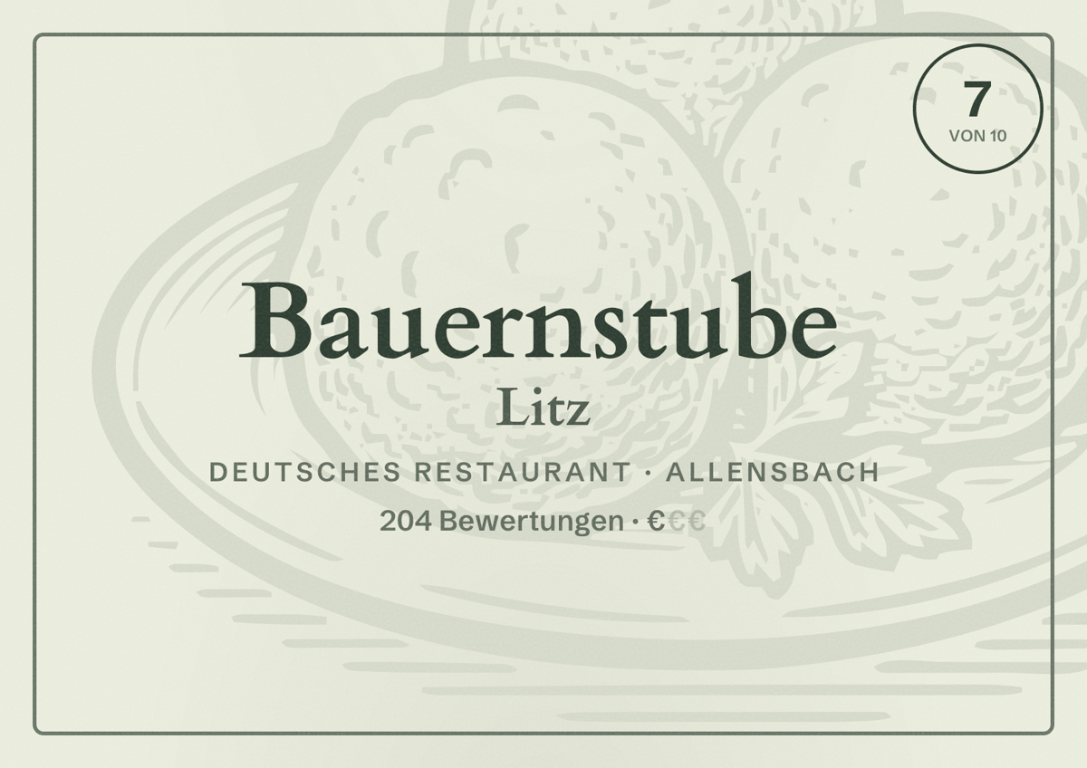 Illustriertes Poster von Bauernstube Litz, Deutsches Restaurant in Allensbach: Bewertung 7 von 10 aus 204 Bewertungen, Preisniveau €