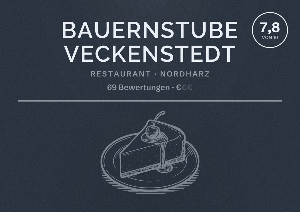 Illustriertes Poster von Bauernstube Veckenstedt, Restaurant in Nordharz: Bewertung 7,8 von 10 aus 69 Bewertungen, Preisniveau €