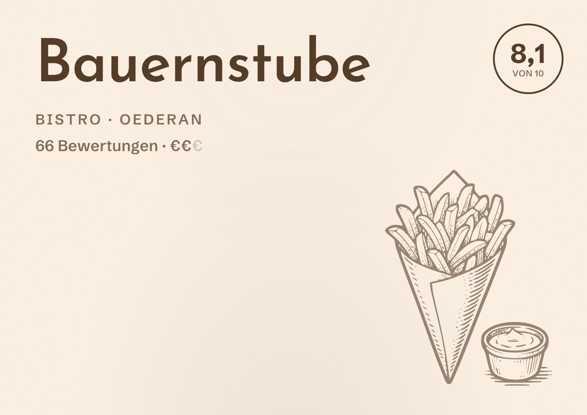 Illustriertes Poster von Bauernstube, Bistro in Oederan: Bewertung 8,1 von 10 aus 66 Bewertungen, Preisniveau €€