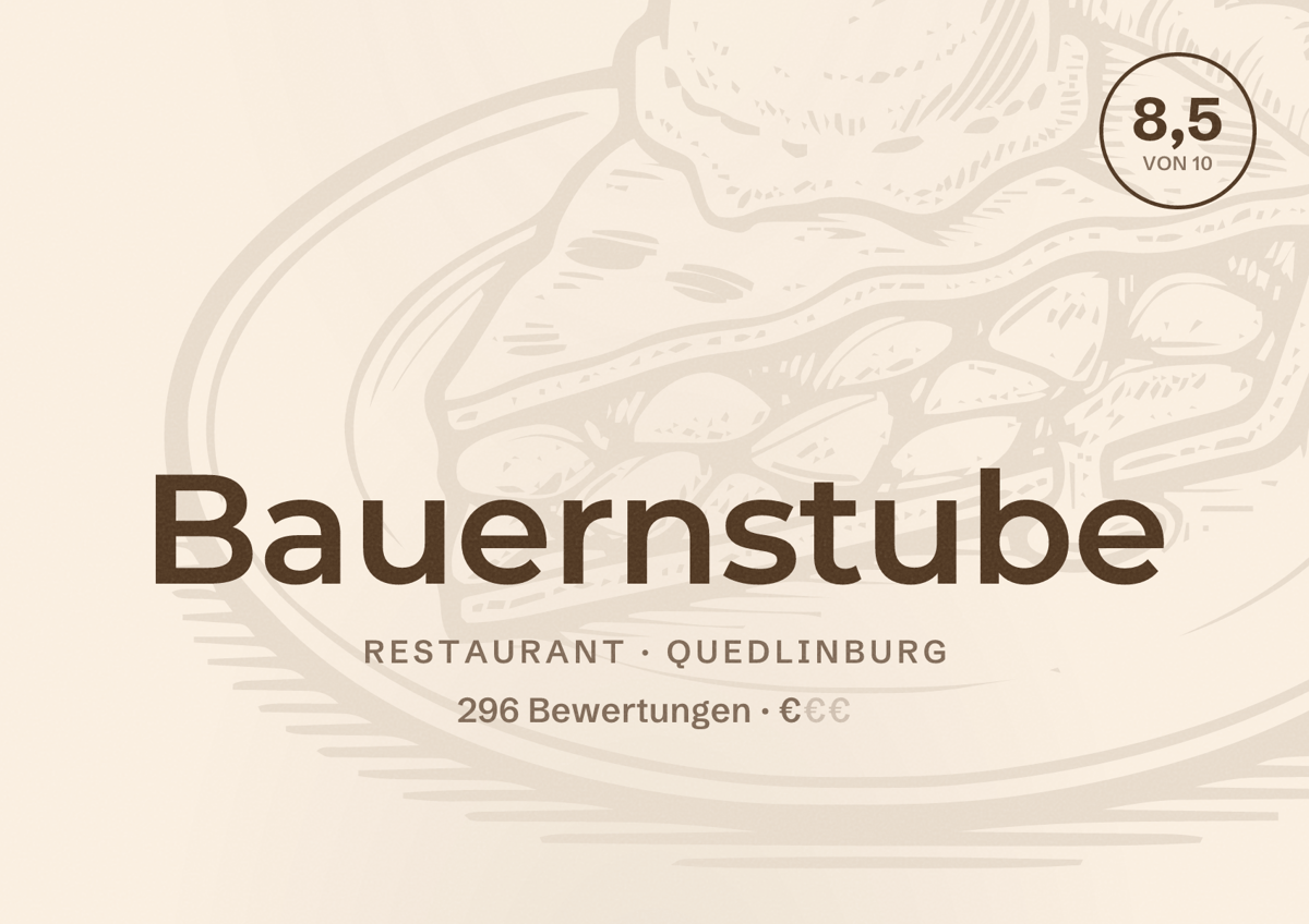 Illustriertes Poster von Bauernstube, Restaurant in Quedlinburg: Bewertung 8,5 von 10 aus 296 Bewertungen, Preisniveau €