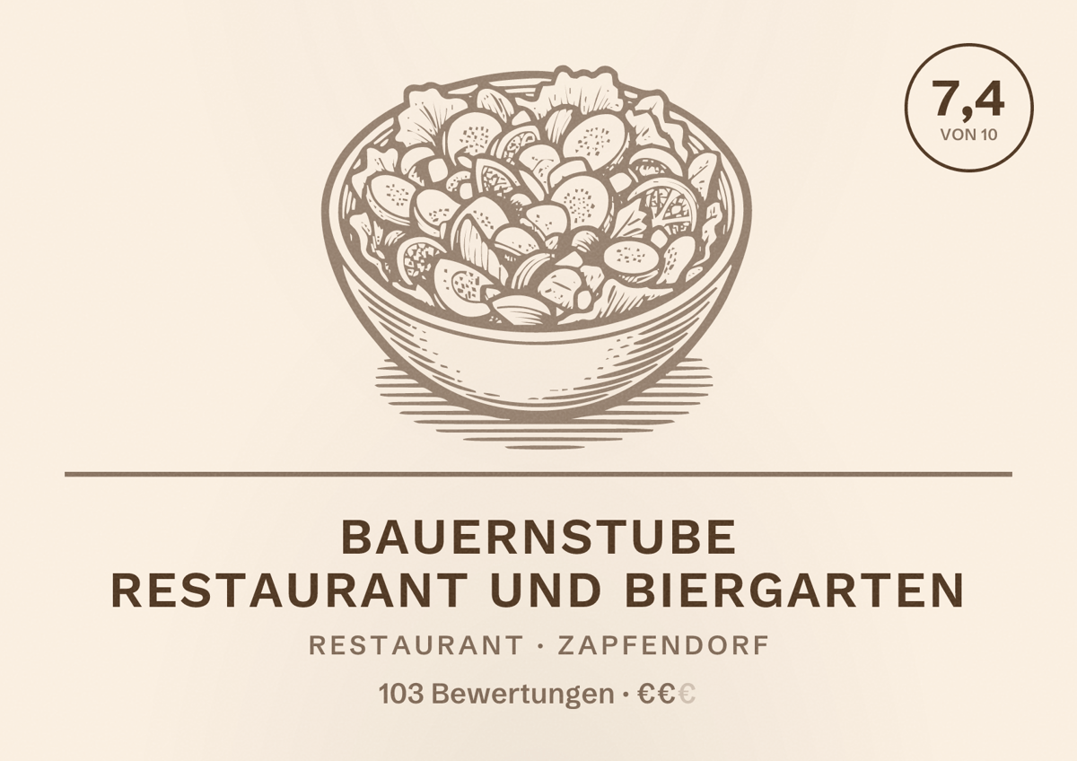 Illustriertes Poster von Bauernstube Restaurant und Biergarten, Restaurant in Zapfendorf: Bewertung 7,4 von 10 aus 103 Bewertungen, Preisniveau €€