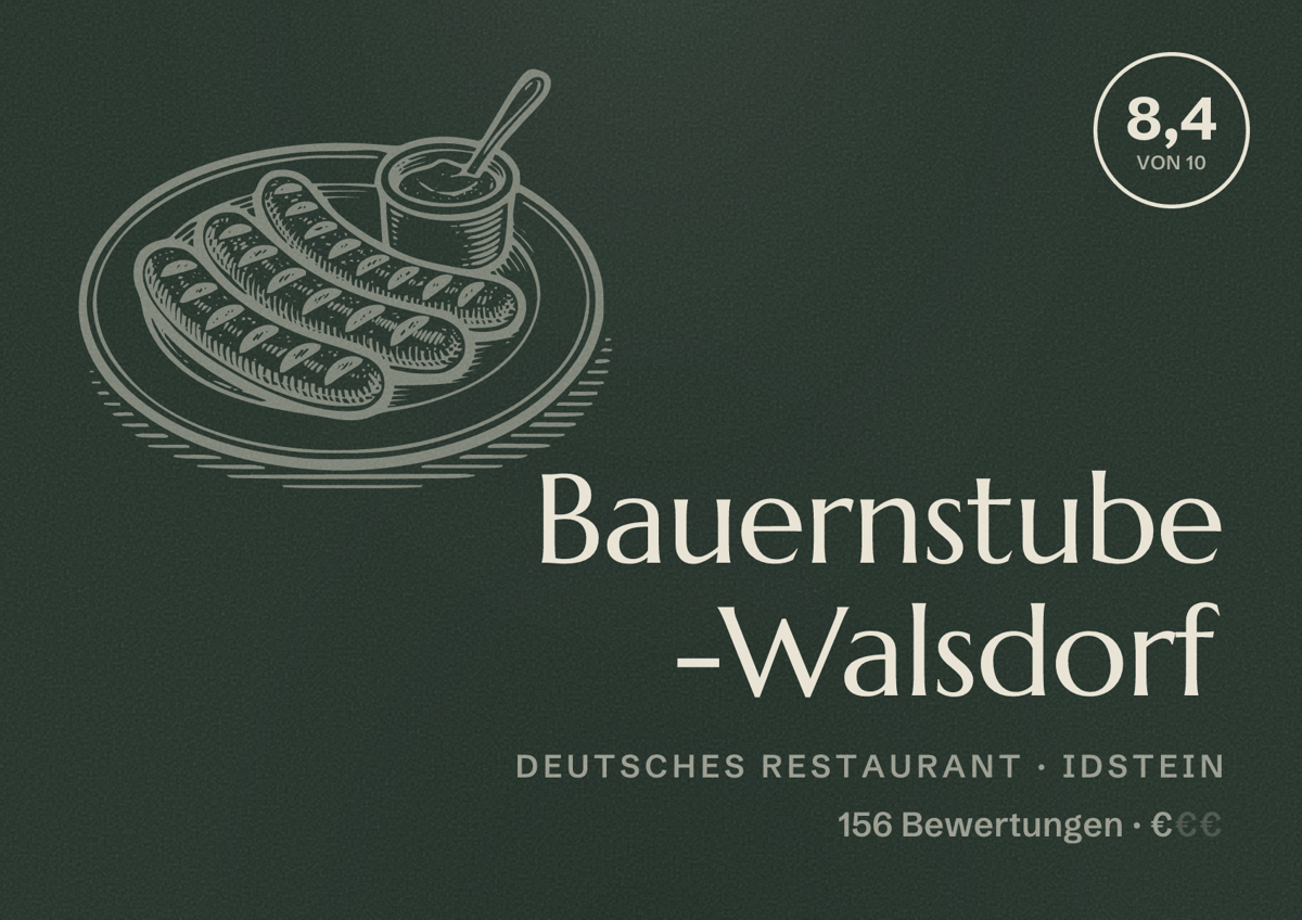 Illustriertes Poster von Bauernstube -Walsdorf, Deutsches Restaurant in Idstein: Bewertung 8,4 von 10 aus 156 Bewertungen, Preisniveau €