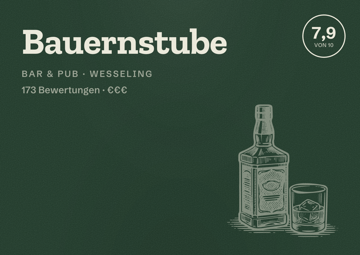 Illustriertes Poster von Bauernstube, Bar & Pub in Wesseling: Bewertung 7,9 von 10 aus 173 Bewertungen, Preisniveau €€€