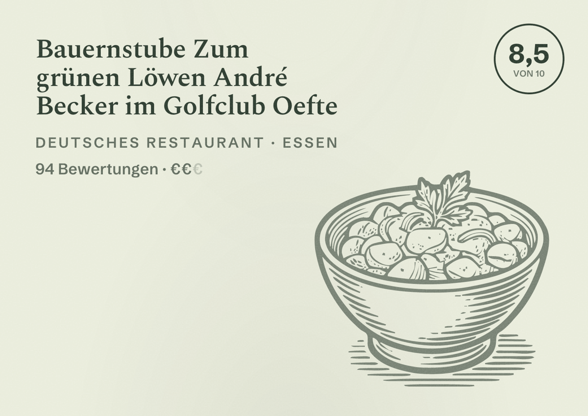 Illustriertes Poster von Bauernstube Zum grünen Löwen André Becker im Golfclub Oefte, Deutsches Restaurant in Essen: Bewertung 8,5 von 10 aus 94 Bewertungen, Preisniveau €€