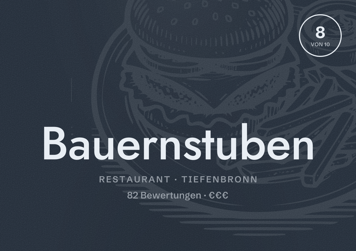 Illustriertes Poster von Bauernstuben, Restaurant in Tiefenbronn: Bewertung 8 von 10 aus 82 Bewertungen, Preisniveau €€€