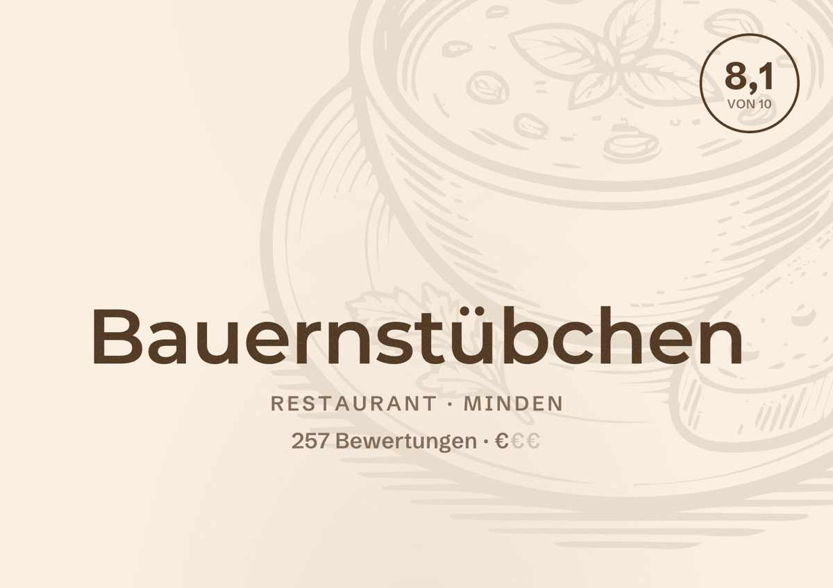 Illustriertes Poster von Bauernstübchen, Restaurant in Minden: Bewertung 8,1 von 10 aus 257 Bewertungen, Preisniveau €