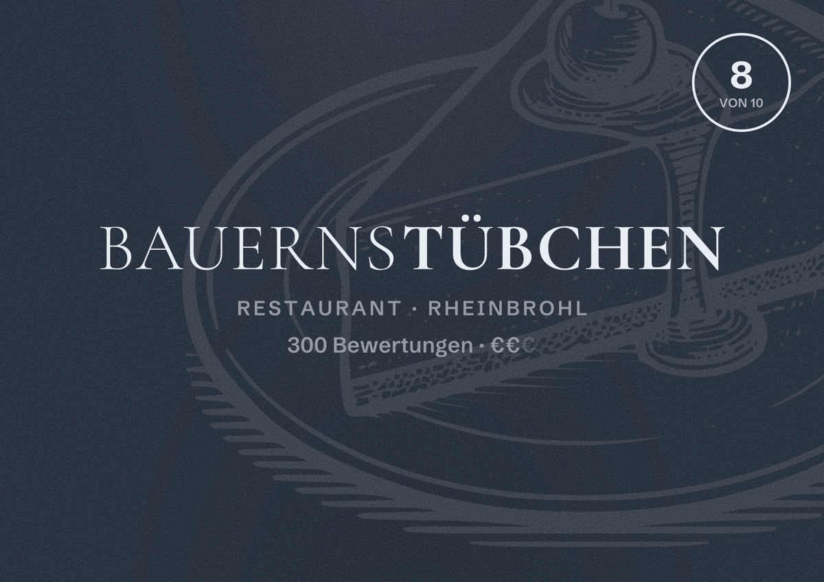 Illustriertes Poster von Bauernstübchen, Restaurant in Rheinbrohl: Bewertung 8 von 10 aus 300 Bewertungen, Preisniveau €€