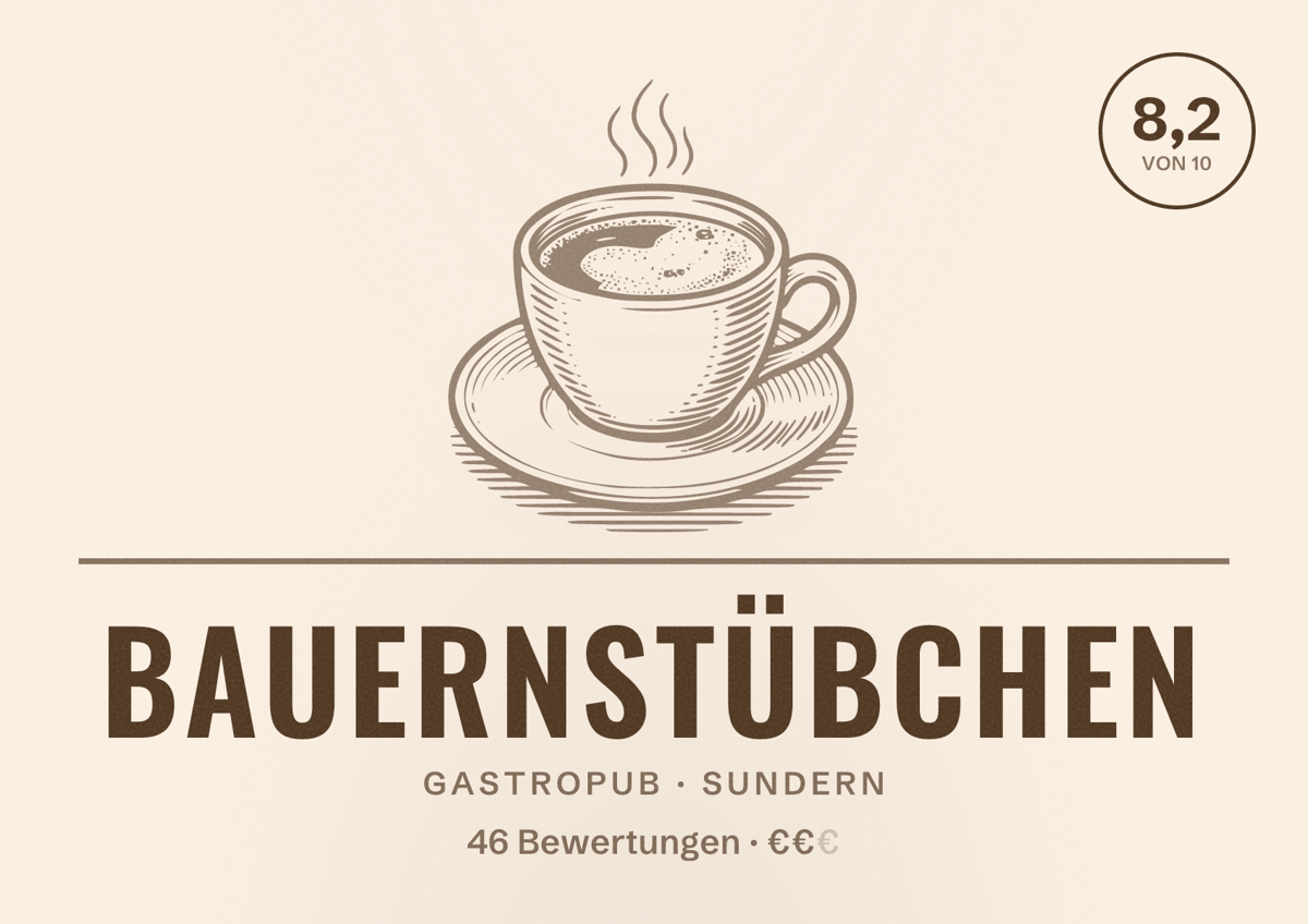 Illustriertes Poster von Bauernstübchen, Gastropub in Sundern: Bewertung 8,2 von 10 aus 46 Bewertungen, Preisniveau €€