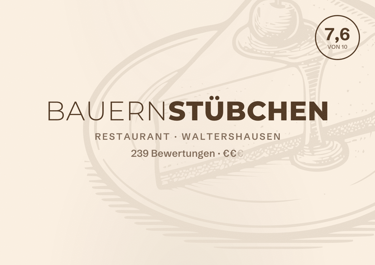 Illustriertes Poster von Bauernstübchen, Restaurant in Waltershausen: Bewertung 7,6 von 10 aus 239 Bewertungen, Preisniveau €€