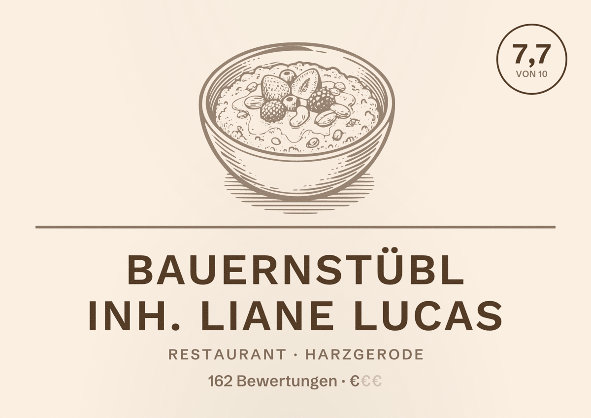 Illustriertes Poster von Bauernstübl Inh. Liane Lucas, Restaurant in Harzgerode: Bewertung 7,7 von 10 aus 162 Bewertungen, Preisniveau €