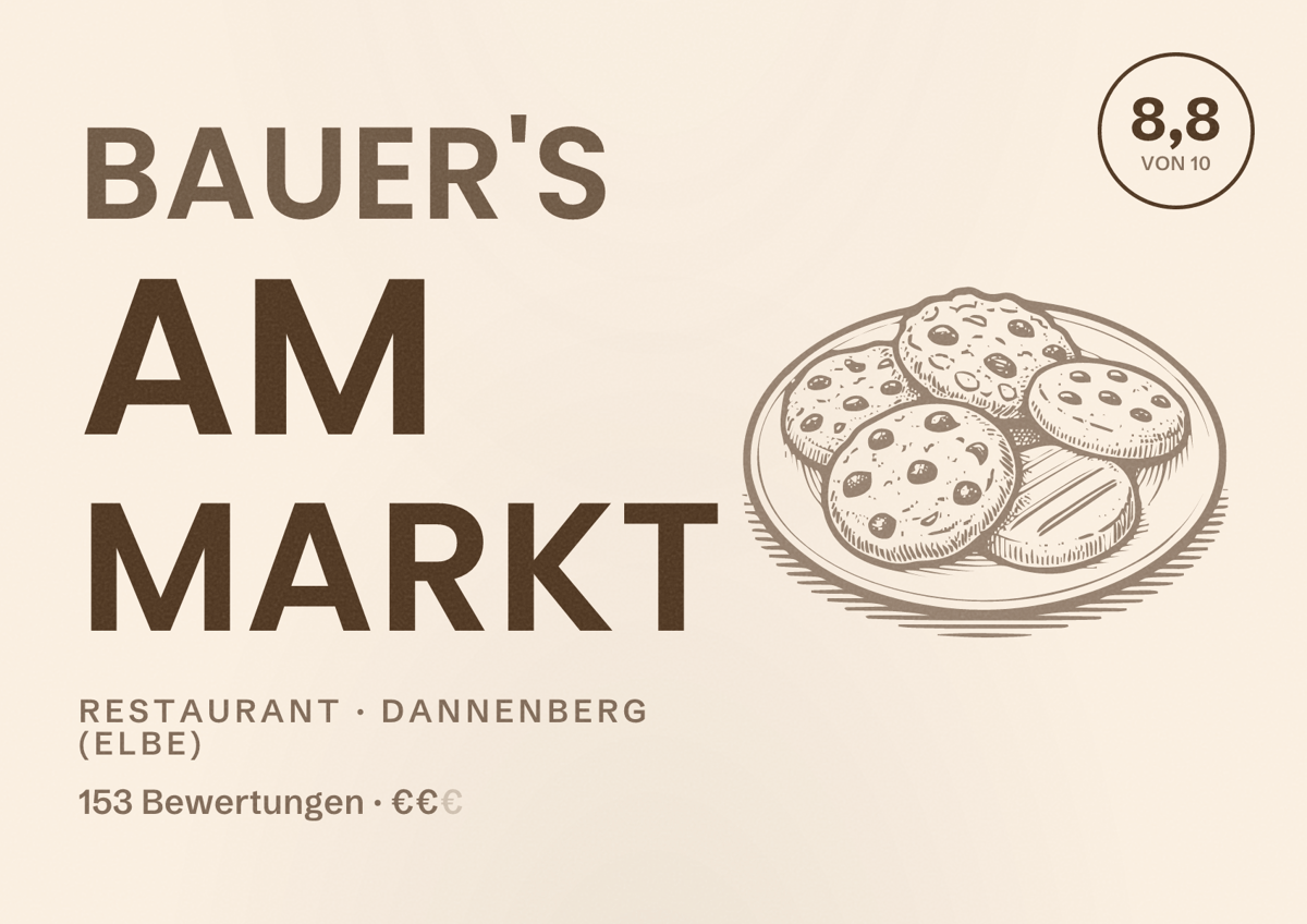 Illustriertes Poster von Bauer's am Markt, Restaurant in Dannenberg (Elbe): Bewertung 8,8 von 10 aus 153 Bewertungen, Preisniveau €€