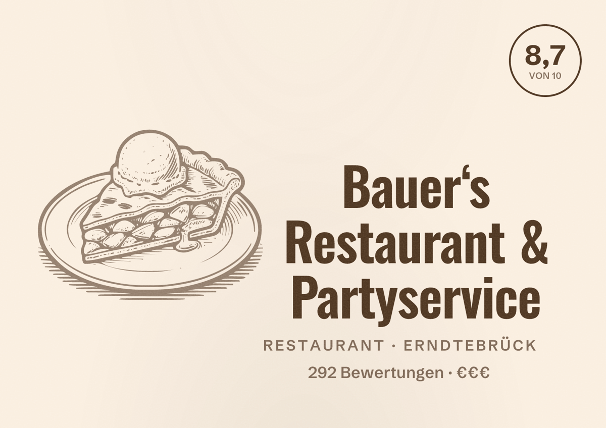 Illustriertes Poster von Bauer‘s Restaurant & Partyservice, Restaurant in Erndtebrück: Bewertung 8,7 von 10 aus 292 Bewertungen, Preisniveau €€€
