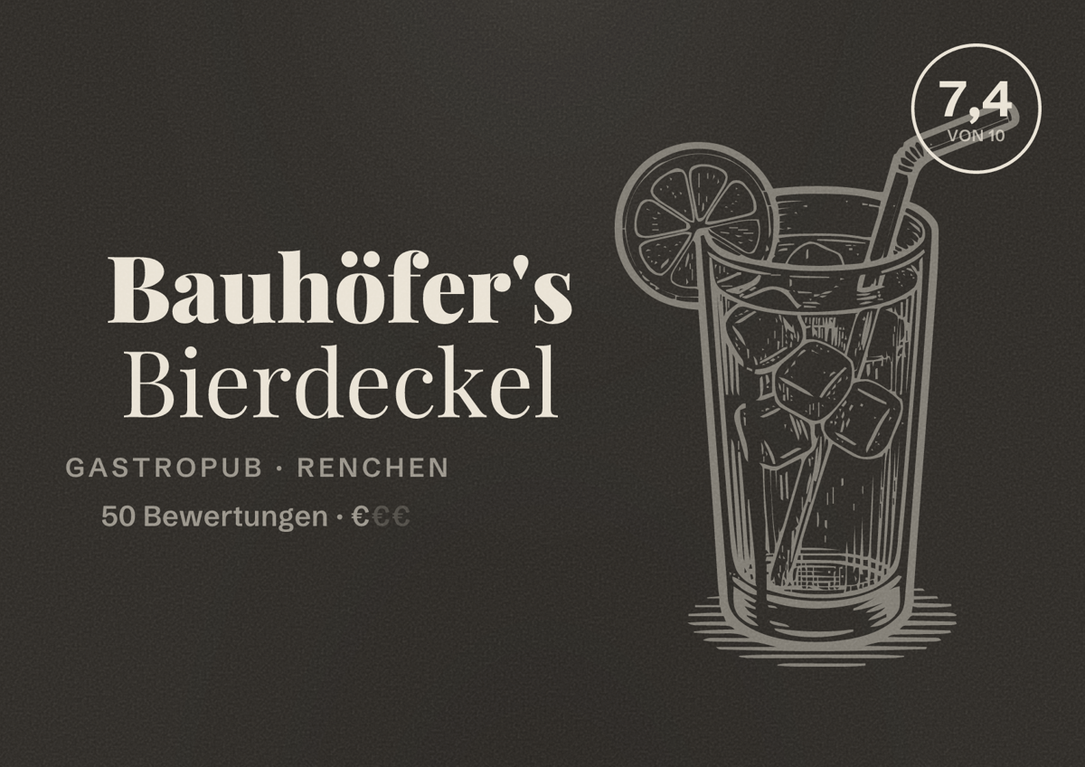Illustriertes Poster von Bauhöfer's Bierdeckel, Gastropub in Renchen: Bewertung 7,4 von 10 aus 50 Bewertungen, Preisniveau €