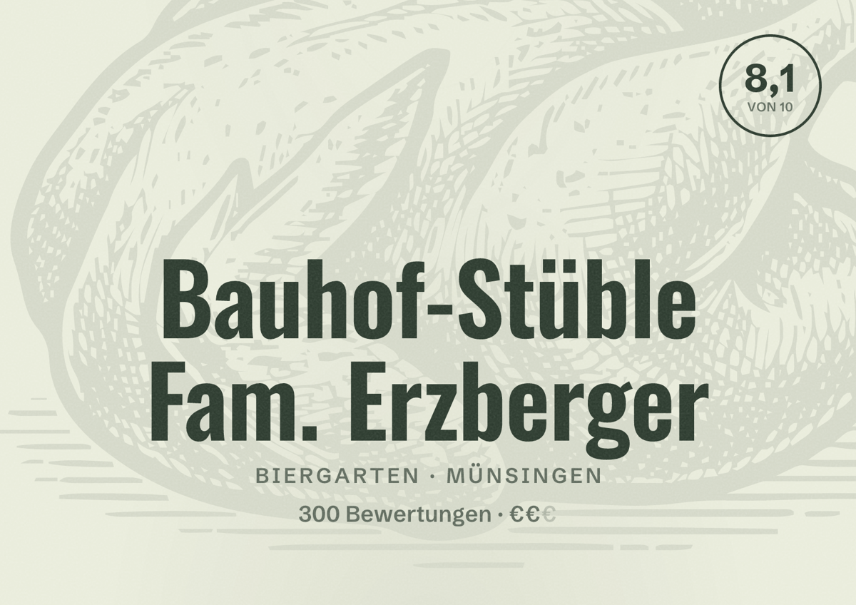 Illustriertes Poster von Bauhof-Stüble Fam. Erzberger, Biergarten in Münsingen: Bewertung 8,1 von 10 aus 300 Bewertungen, Preisniveau €€
