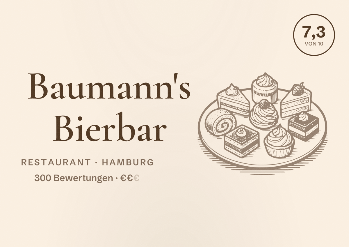 Illustriertes Poster von Baumann's Bierbar, Restaurant in Hamburg: Bewertung 7,3 von 10 aus 300 Bewertungen, Preisniveau €€