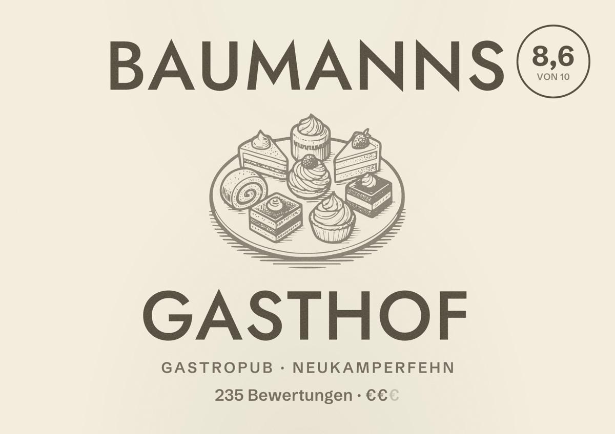 Illustriertes Poster von Baumanns Gasthof, Gastropub in Neukamperfehn: Bewertung 8,6 von 10 aus 235 Bewertungen, Preisniveau €€
