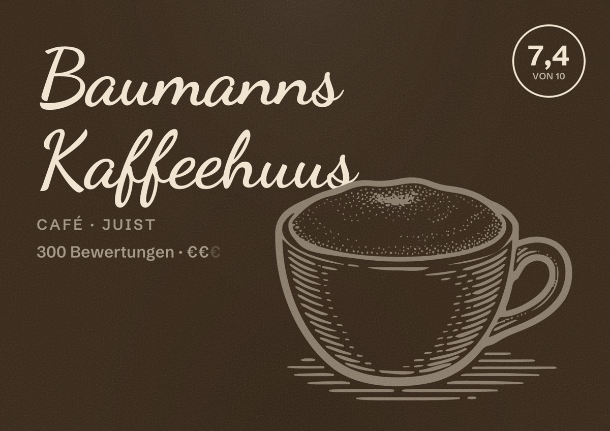 Illustriertes Poster von Baumanns Kaffeehuus, Café in Juist: Bewertung 7,4 von 10 aus 300 Bewertungen, Preisniveau €€