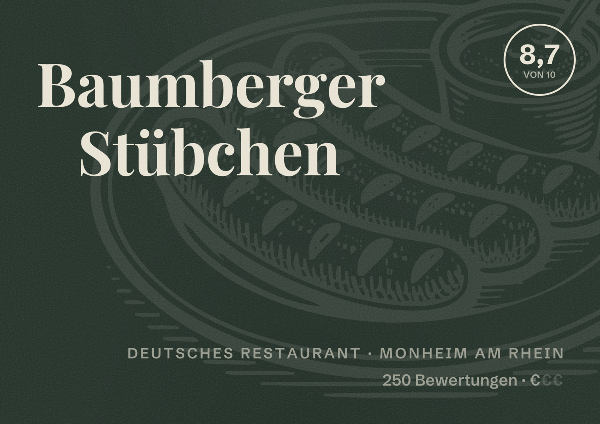 Illustriertes Poster von Baumberger Stübchen, Deutsches Restaurant in Monheim am Rhein: Bewertung 8,7 von 10 aus 250 Bewertungen, Preisniveau €