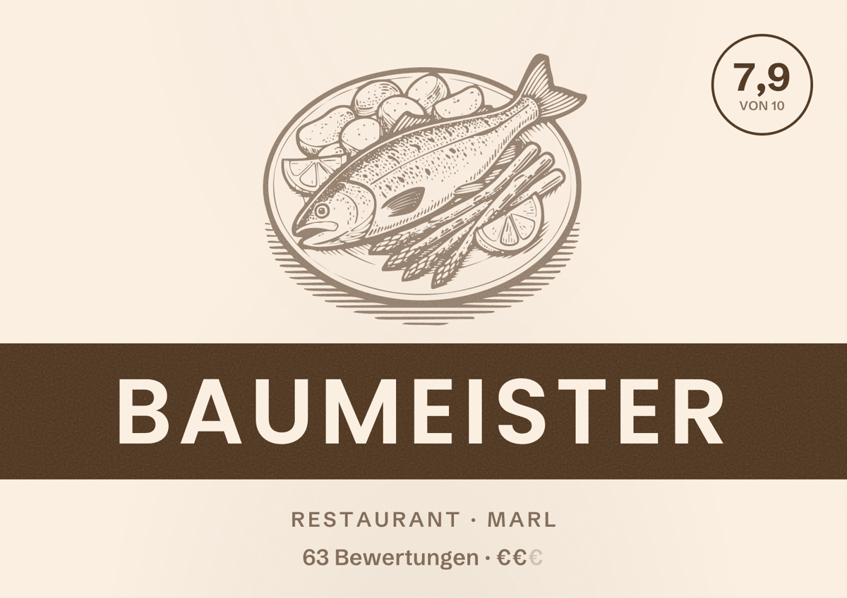 Illustriertes Poster von Baumeister, Restaurant in Marl: Bewertung 7,9 von 10 aus 63 Bewertungen, Preisniveau €€