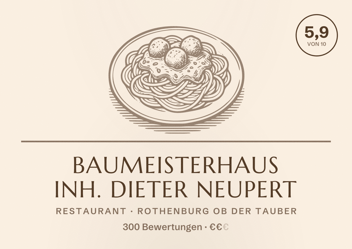Illustriertes Poster von Baumeisterhaus Inh. Dieter Neupert, Restaurant in Rothenburg ob der Tauber: Bewertung 5,9 von 10 aus 300 Bewertungen, Preisniveau €€