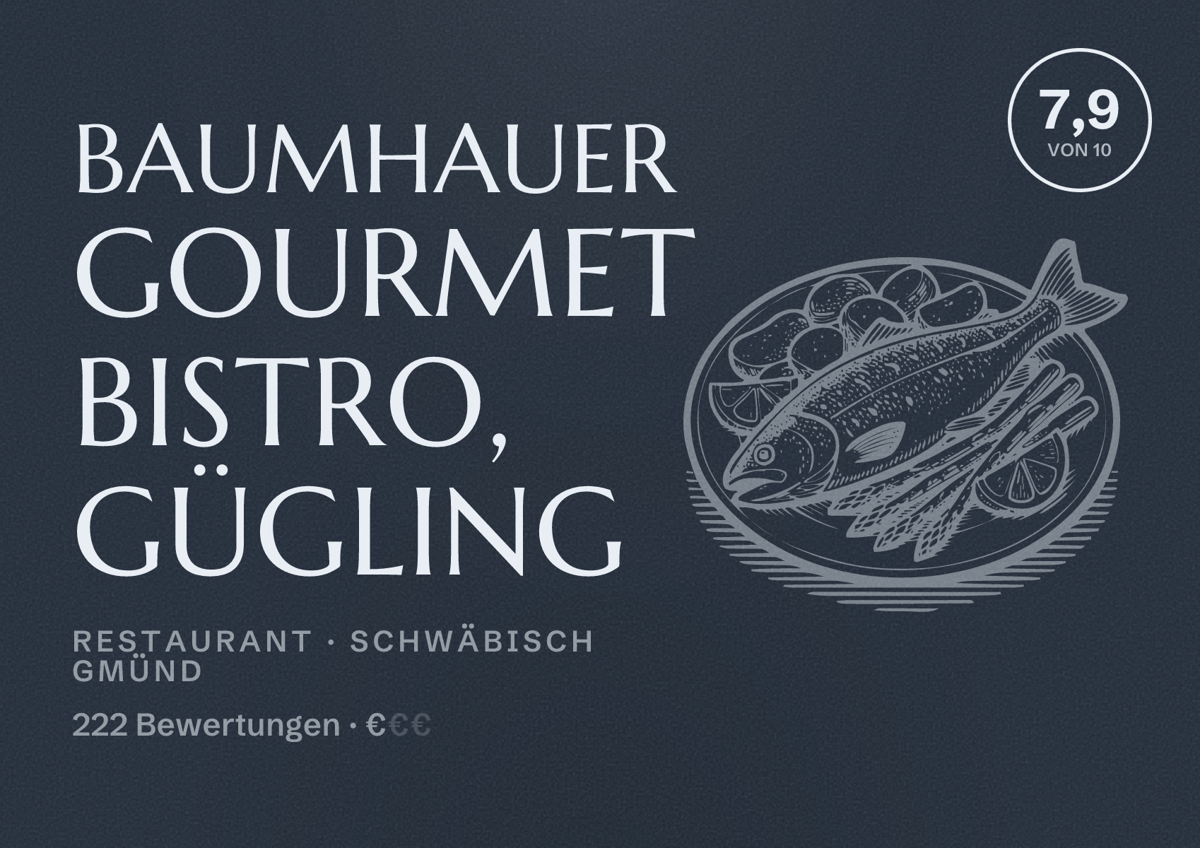 Illustriertes Poster von Baumhauer Gourmet Bistro, Gügling, Restaurant in Schwäbisch Gmünd: Bewertung 7,9 von 10 aus 222 Bewertungen, Preisniveau €