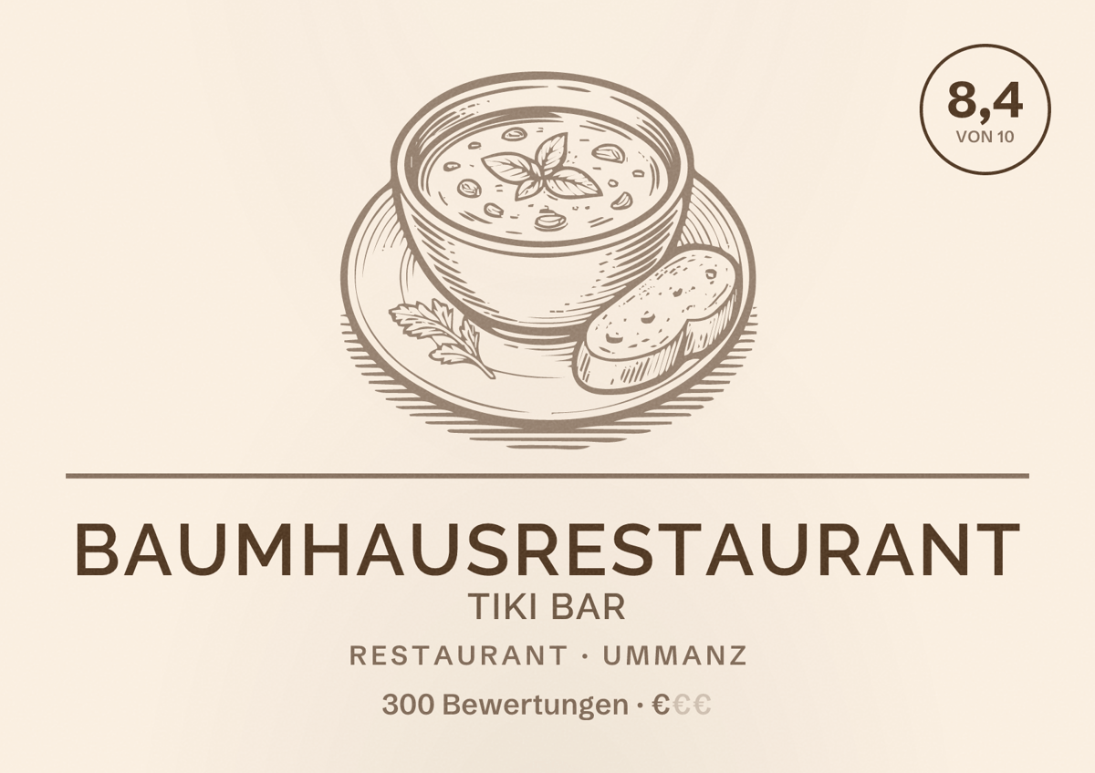 Illustriertes Poster von Baumhausrestaurant TIKI BAR, Restaurant in Ummanz: Bewertung 8,4 von 10 aus 300 Bewertungen, Preisniveau €