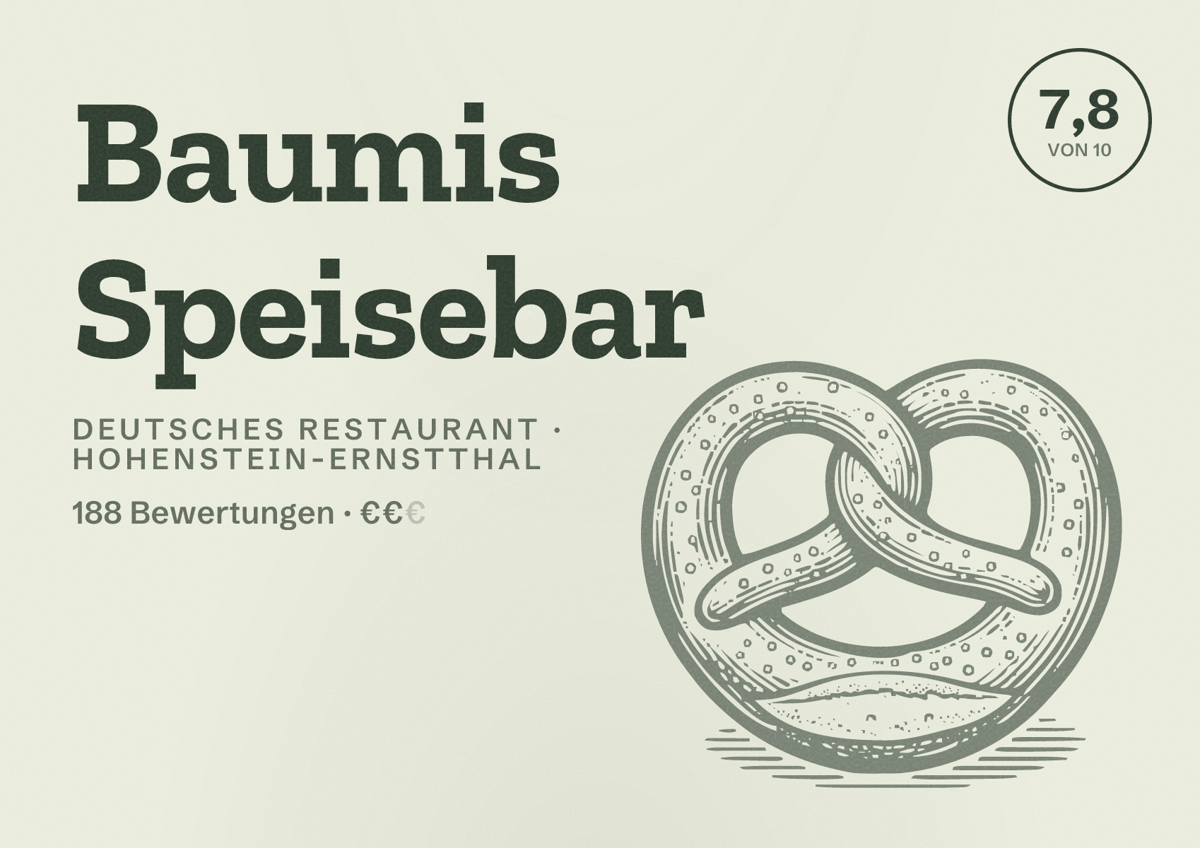 Illustriertes Poster von Baumis Speisebar, Deutsches Restaurant in Hohenstein-Ernstthal: Bewertung 7,8 von 10 aus 188 Bewertungen, Preisniveau €€